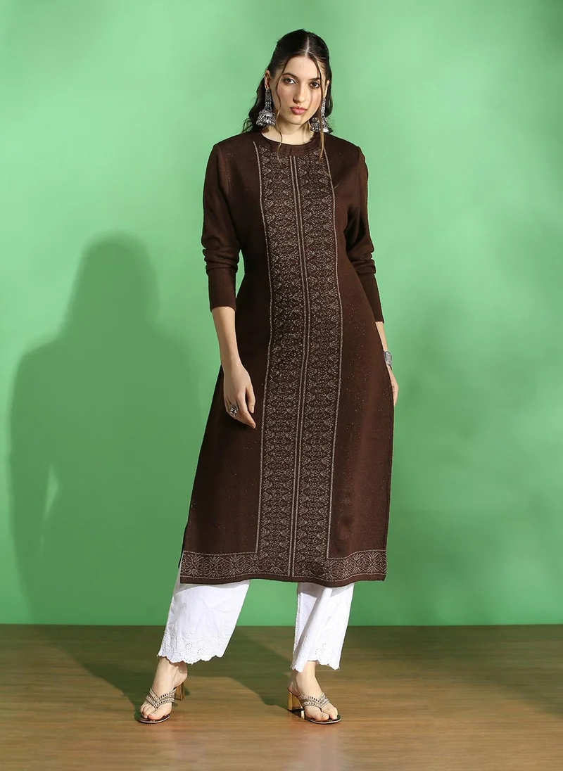 globus Globus Women Brown Round Neck Full Sleeves Placement Weave Knitted Acrylic Loose Fit Winter Wear Kurta